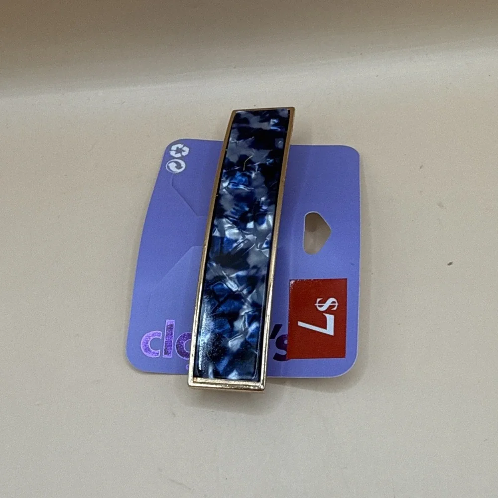 Claire's Rectange Blue Black Marble Print Barrette Hair Clip Gold Rim 3.5